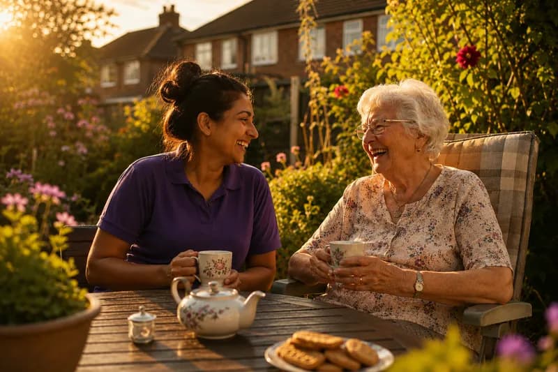 A carer and elderly woman talking together at home