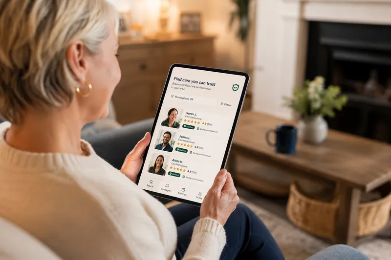 An elderly woman browsing verified carers on a tablet at home